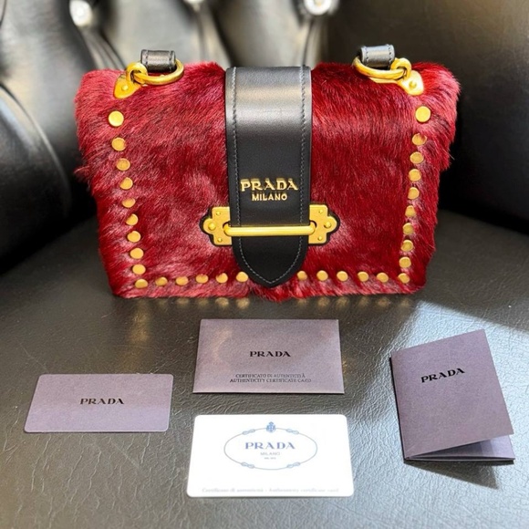 PRADA Cahier hair city pony-style calfskin faux fur crossbody bag granato black - Picture 2 of 12